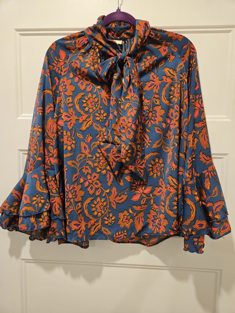 NWT Easel Tie-Neck Floral Blouse in Teal with Orange & Pink Accents